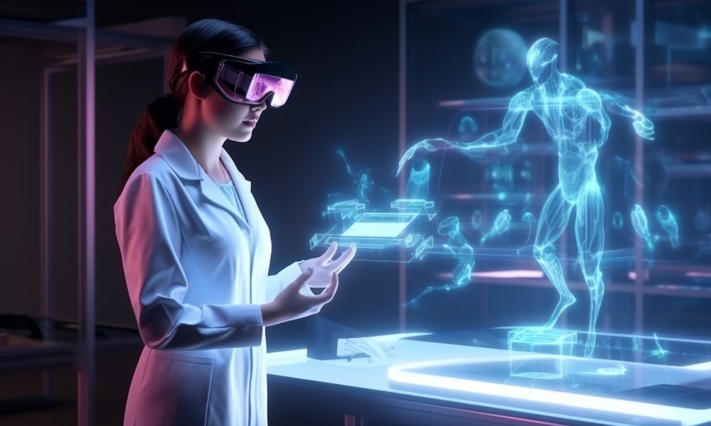 A woman in a lab coat engages with a virtual reality device, exploring innovative technology in a laboratory setting.