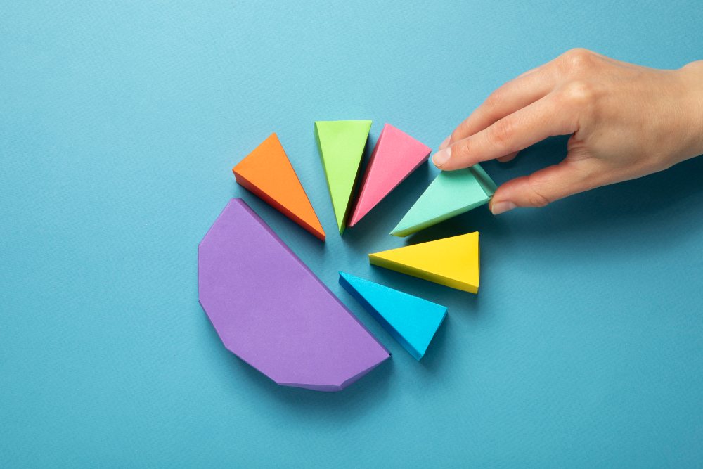 A hand holding a vibrant pie chart against a blue background, illustrating data distribution in a visually appealing manner.