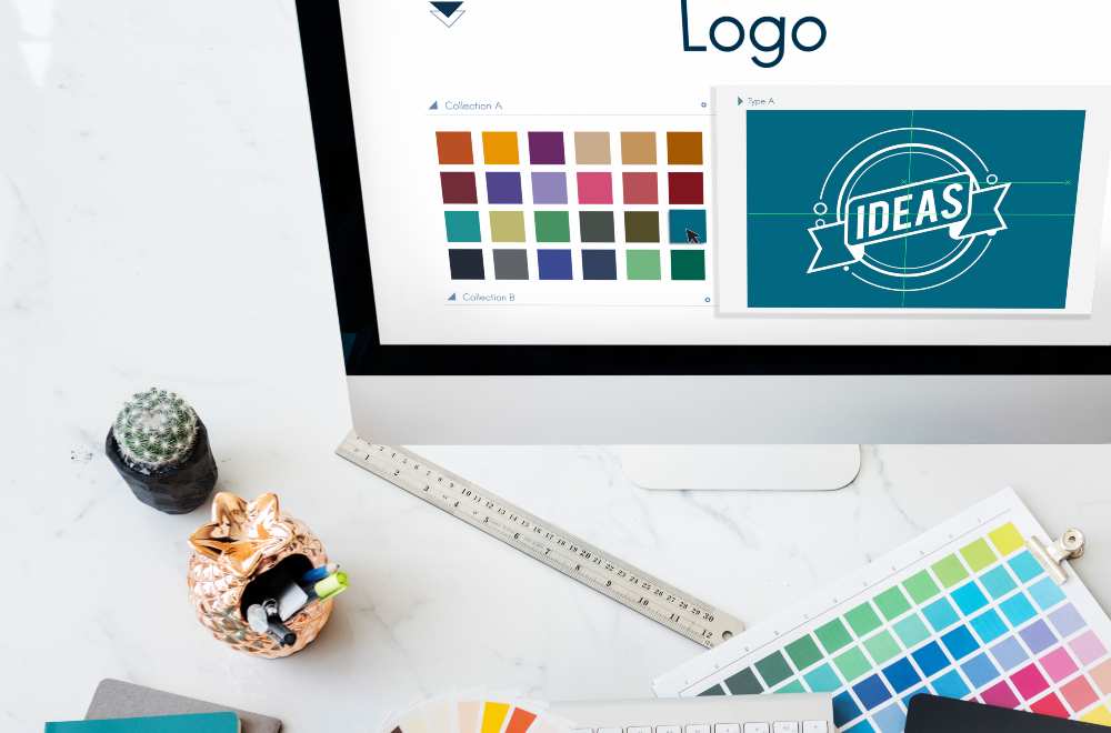 Design workspace with sketches and colorful concepts.