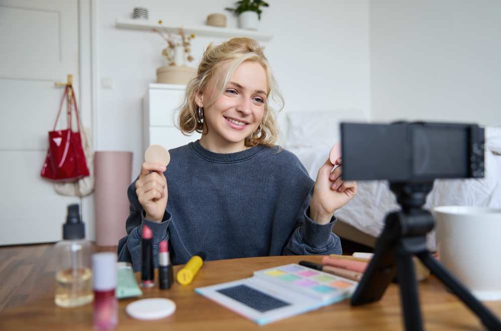 A young woman applying makeup in front of a camera, preparing for a photoshoot or video production, with a focus on beauty and content creation for influencer marketing.